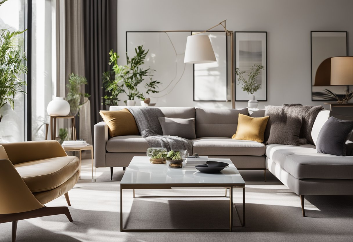 A modern living room with sleek furniture, clean lines, and contemporary decor. Bright natural light streams in through large windows, illuminating the space