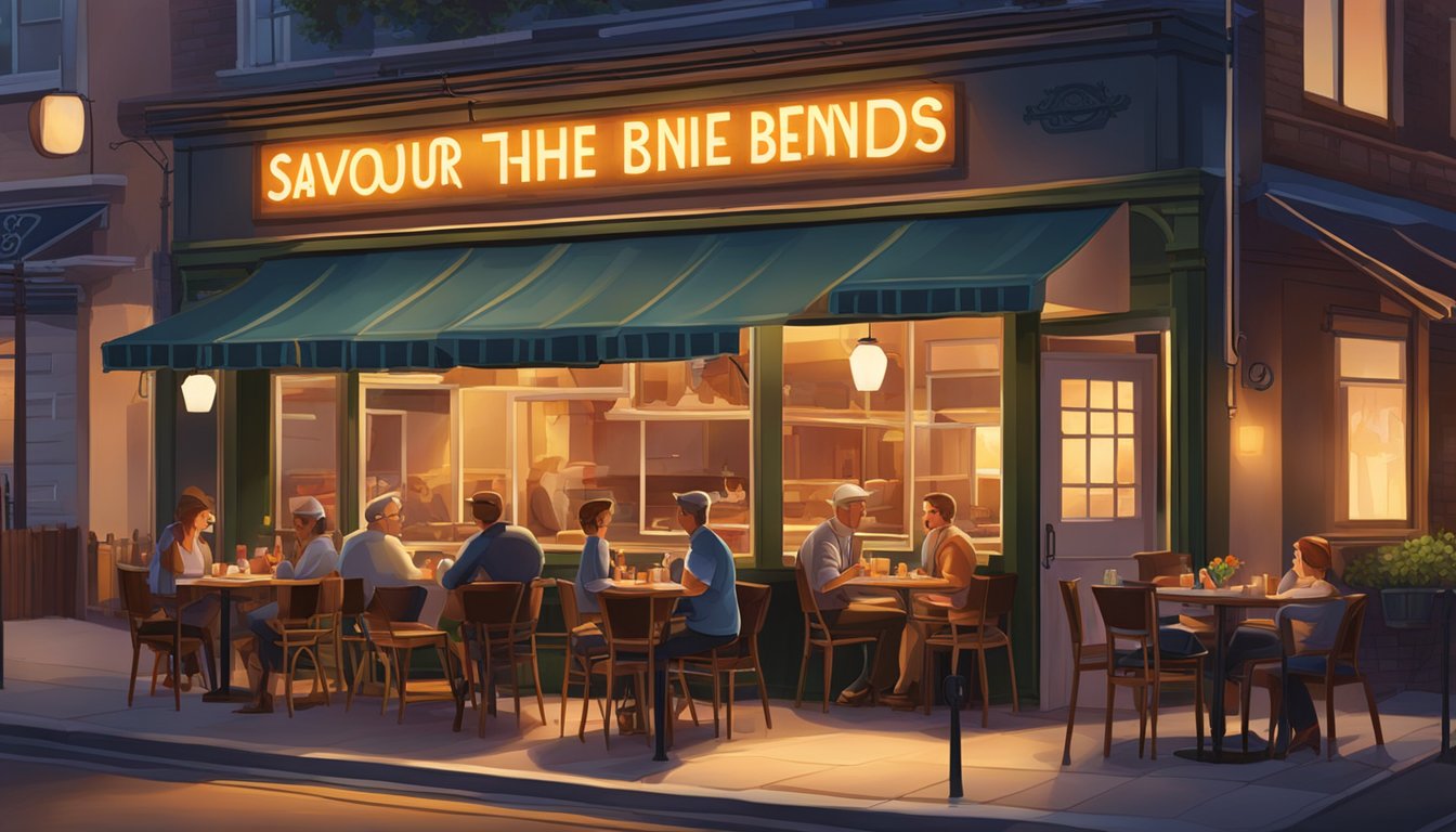 The restaurant sign "Savour the Flavours burnt ends" glows in the evening light, drawing in hungry customers with its warm and inviting atmosphere