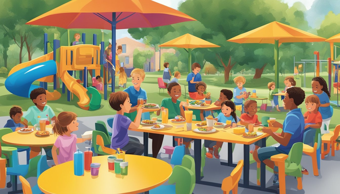 Families enjoying a meal at outdoor tables, surrounded by colorful play equipment and a dedicated kids' menu