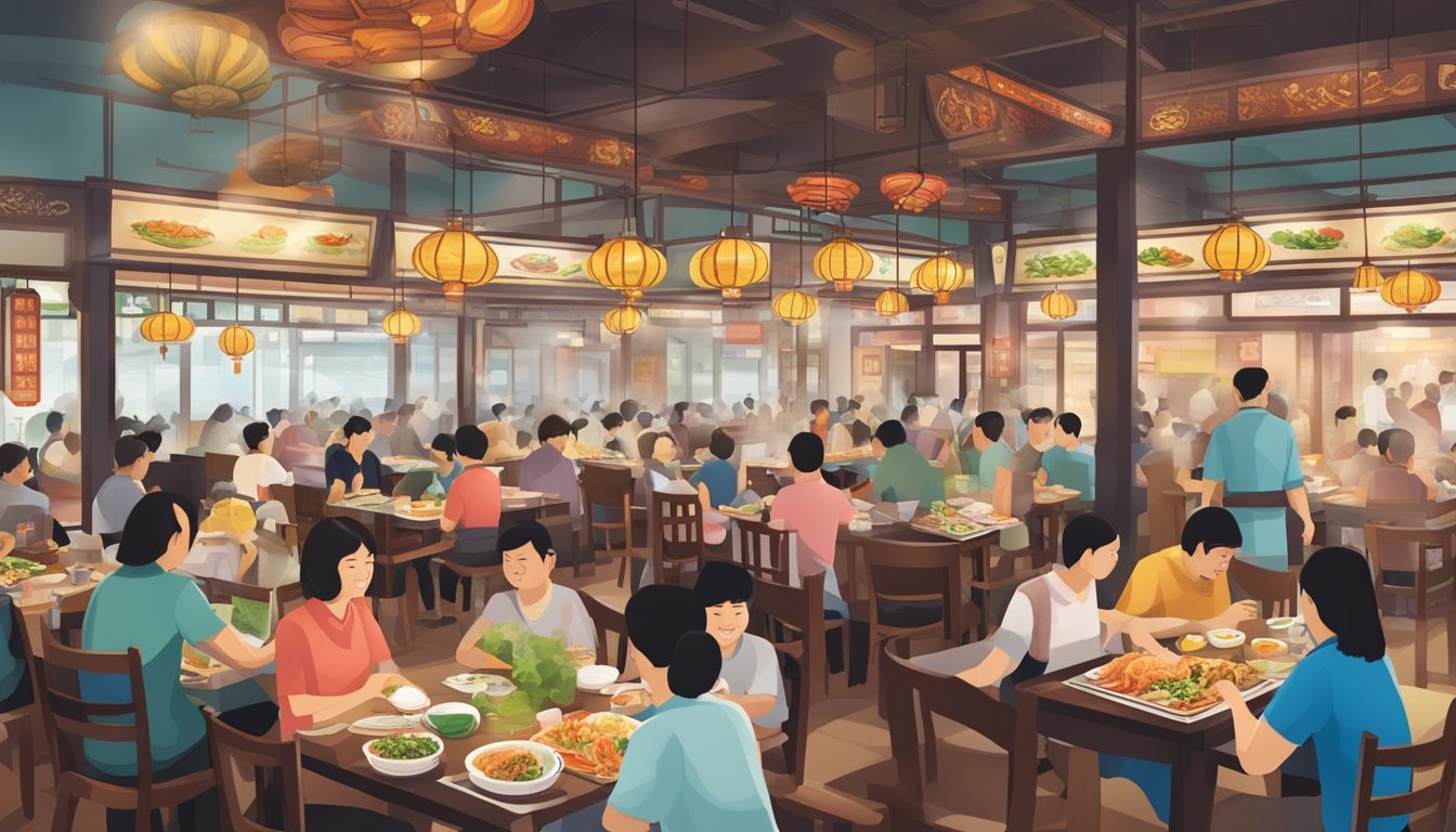A bustling Chinese restaurant at Jurong Point, filled with diners enjoying steaming hot dishes and the aroma of sizzling woks