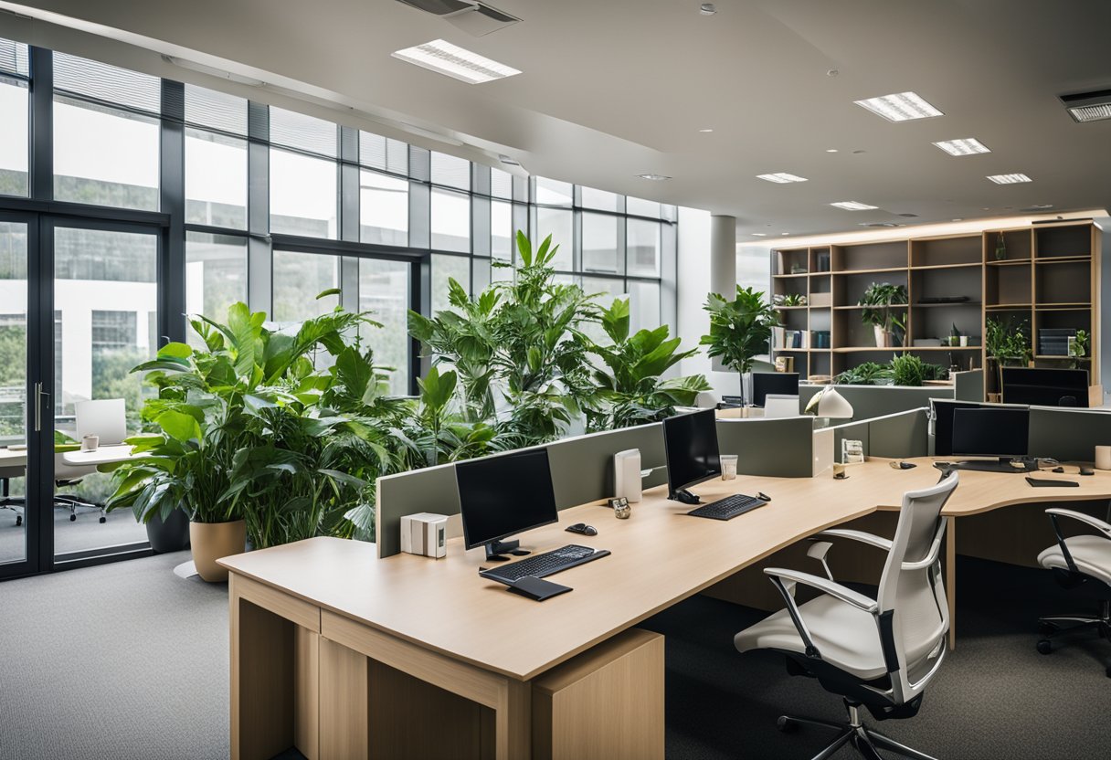 The office space features modern furniture, ample natural light, and vibrant greenery, creating a welcoming and productive environment