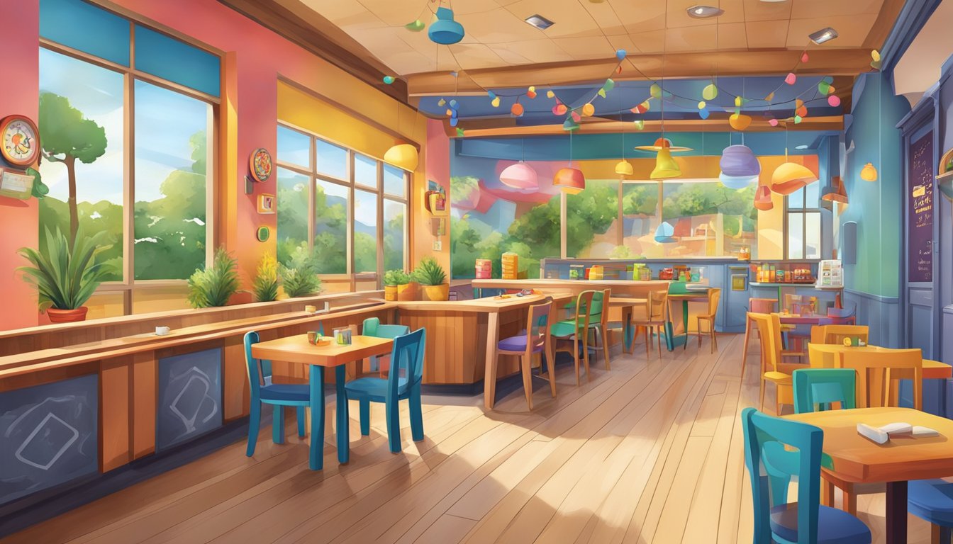 A colorful and inviting restaurant with a playful and welcoming atmosphere, featuring a menu board with child-friendly options and a designated play area