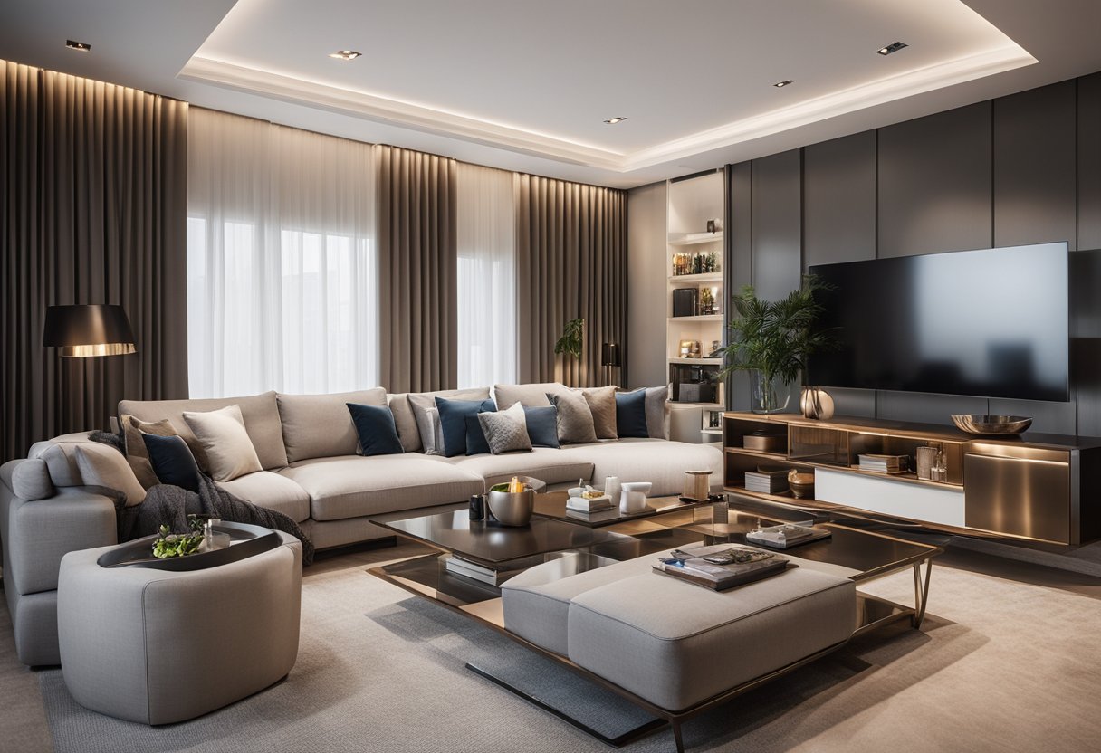 A modern living room with sleek Mondi furniture, soft lighting, and elegant decor. A cozy sofa and coffee table invite relaxation