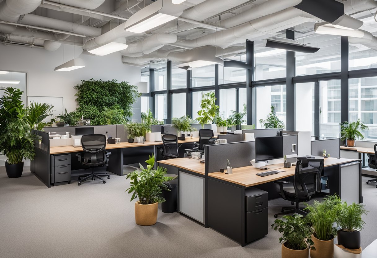 The spacious, well-lit office features ergonomic furniture, vibrant plants, and collaborative workspaces, creating a productive and inviting environment for employees