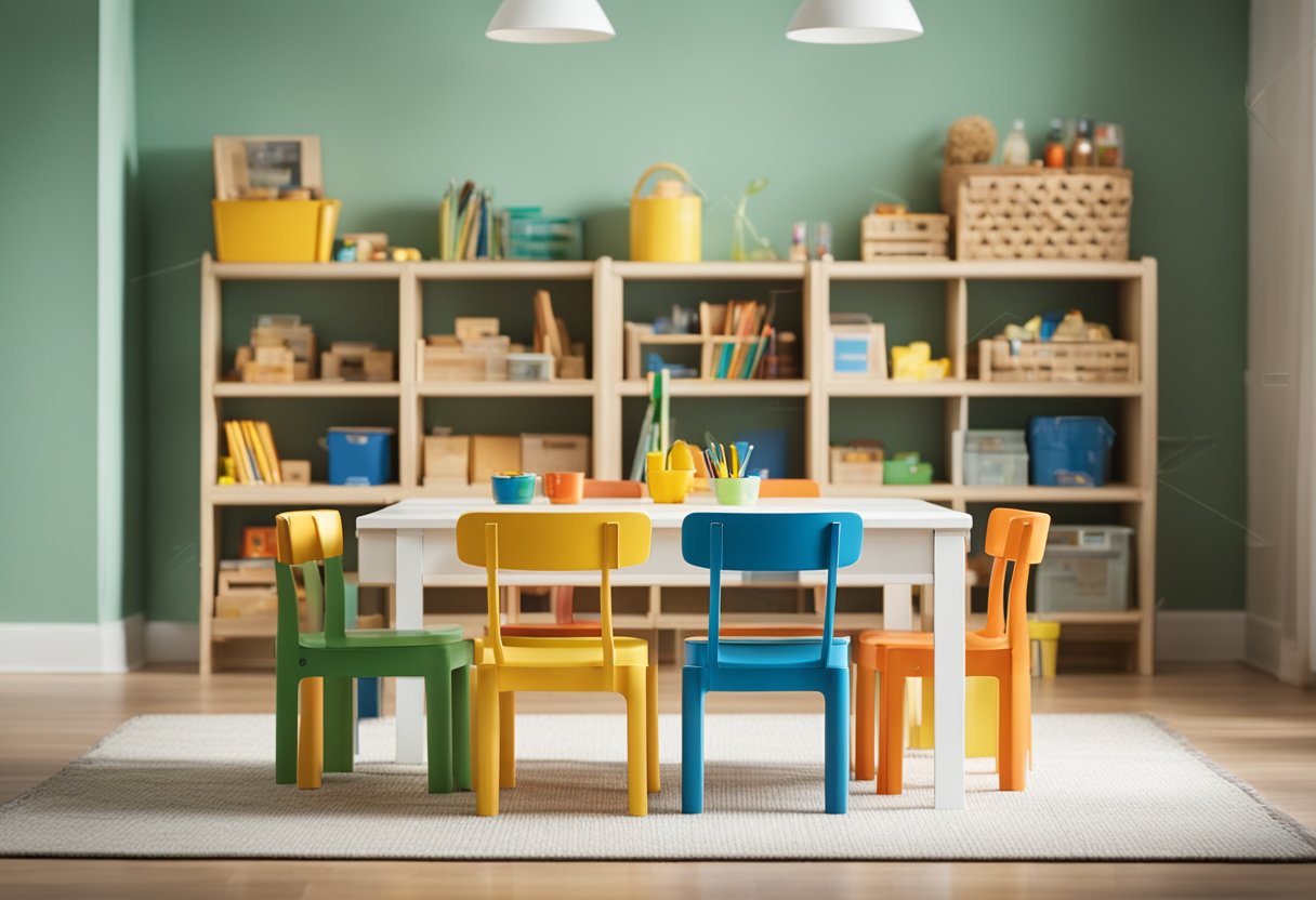 A child-sized table and chairs arranged in a spacious, well-lit room with open shelves displaying Montessori learning materials