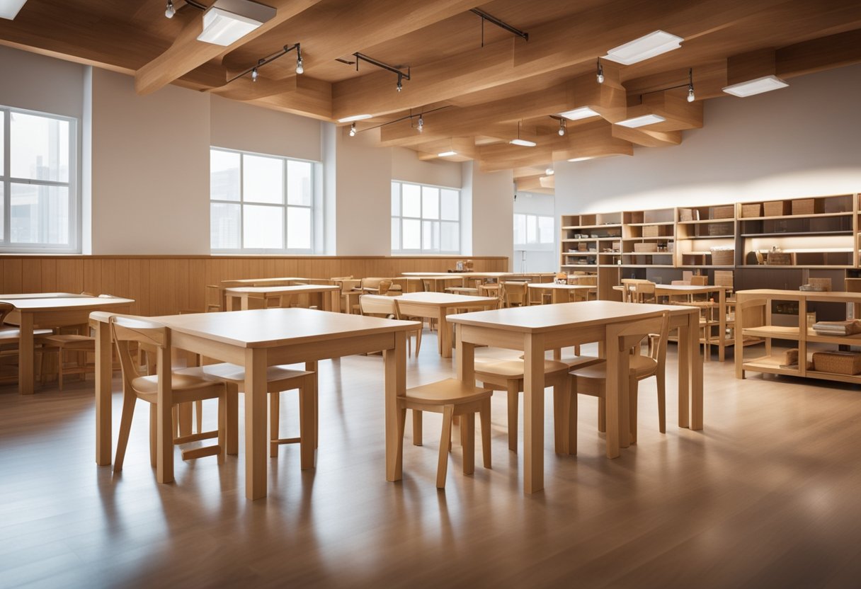 A bright and spacious room with child-sized tables, chairs, and shelves. Natural materials like wood and low shelves for easy access