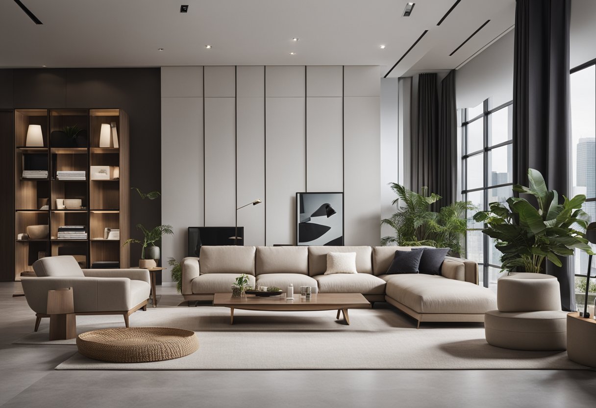 A display of Mondi lifestyle furniture in a modern Singapore setting, with clean lines, sleek designs, and a minimalist aesthetic