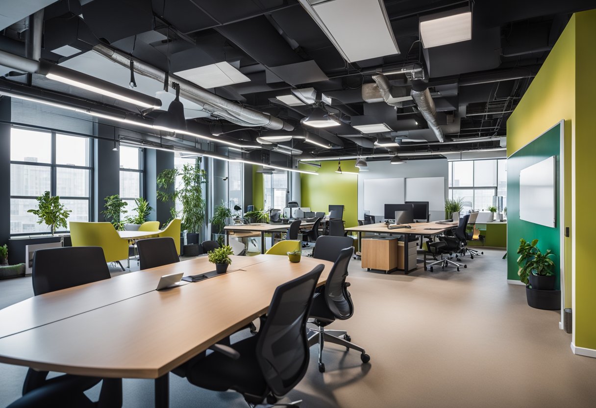 An open office space with modern furniture, vibrant colors, and a large whiteboard for brainstorming. Bright natural light floods the room, creating a welcoming and collaborative atmosphere
