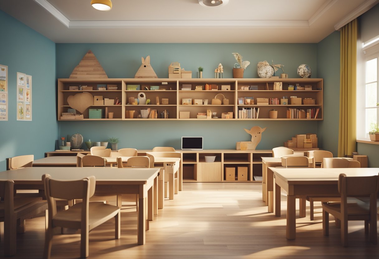A cozy Montessori classroom with child-sized furniture, shelves with educational materials, and a peaceful atmosphere