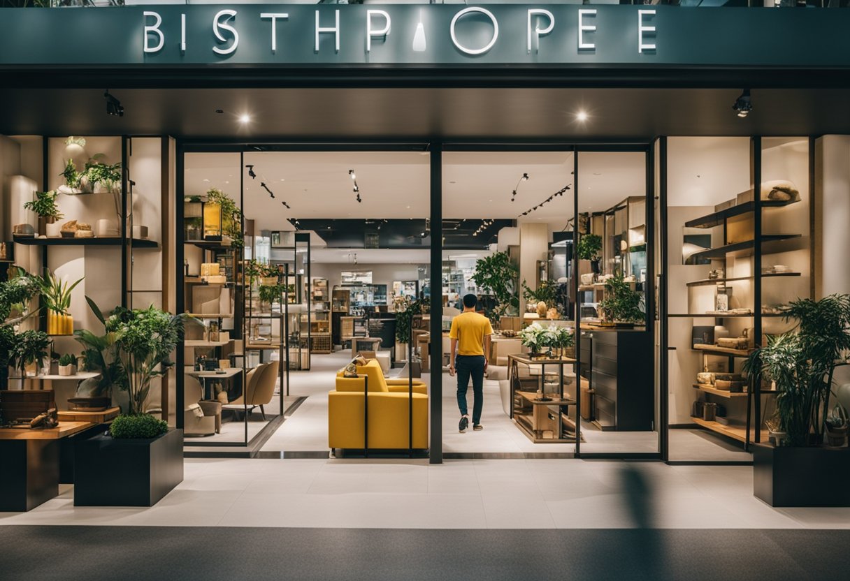 A bustling neighbourhood furniture shop in Singapore with colorful displays and a variety of modern and traditional pieces