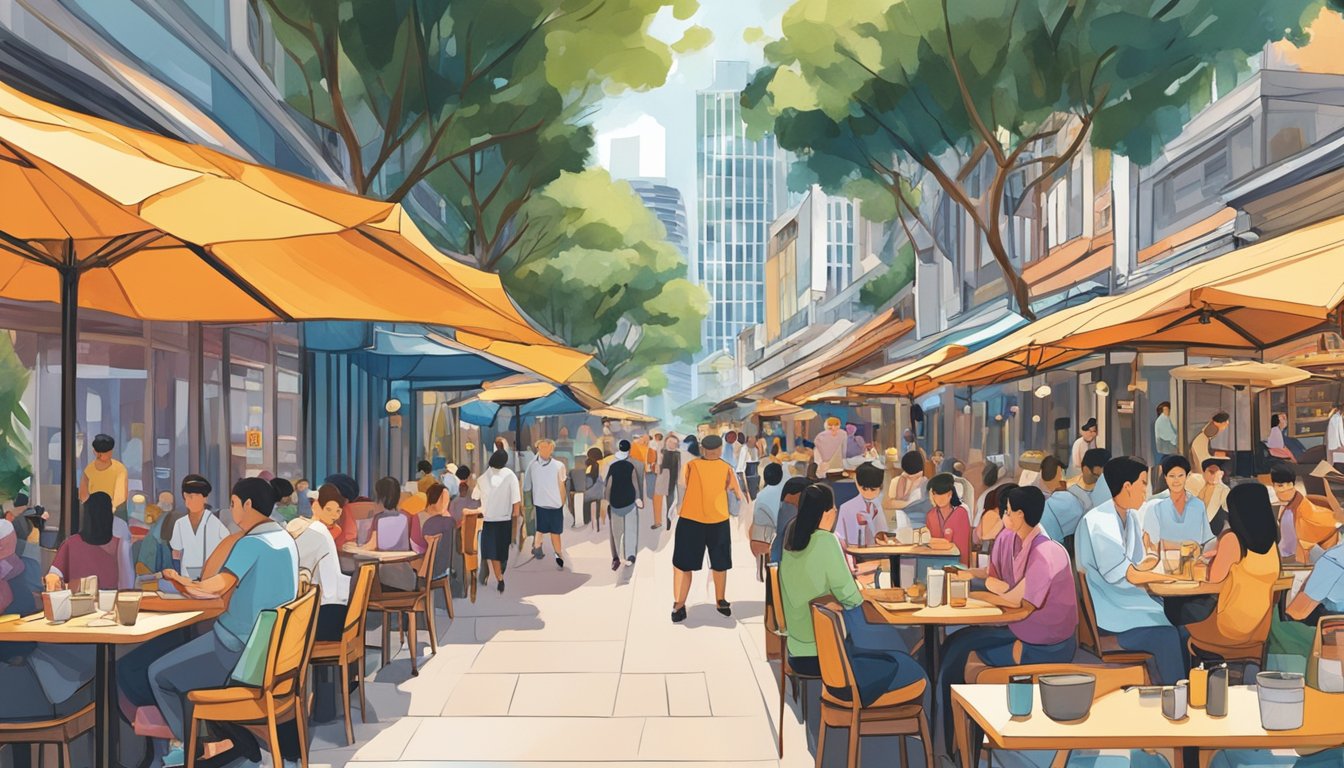 A bustling street in Singapore's CBD lined with diverse restaurants and colorful signage. Pedestrians and diners fill the outdoor seating areas, creating a lively atmosphere