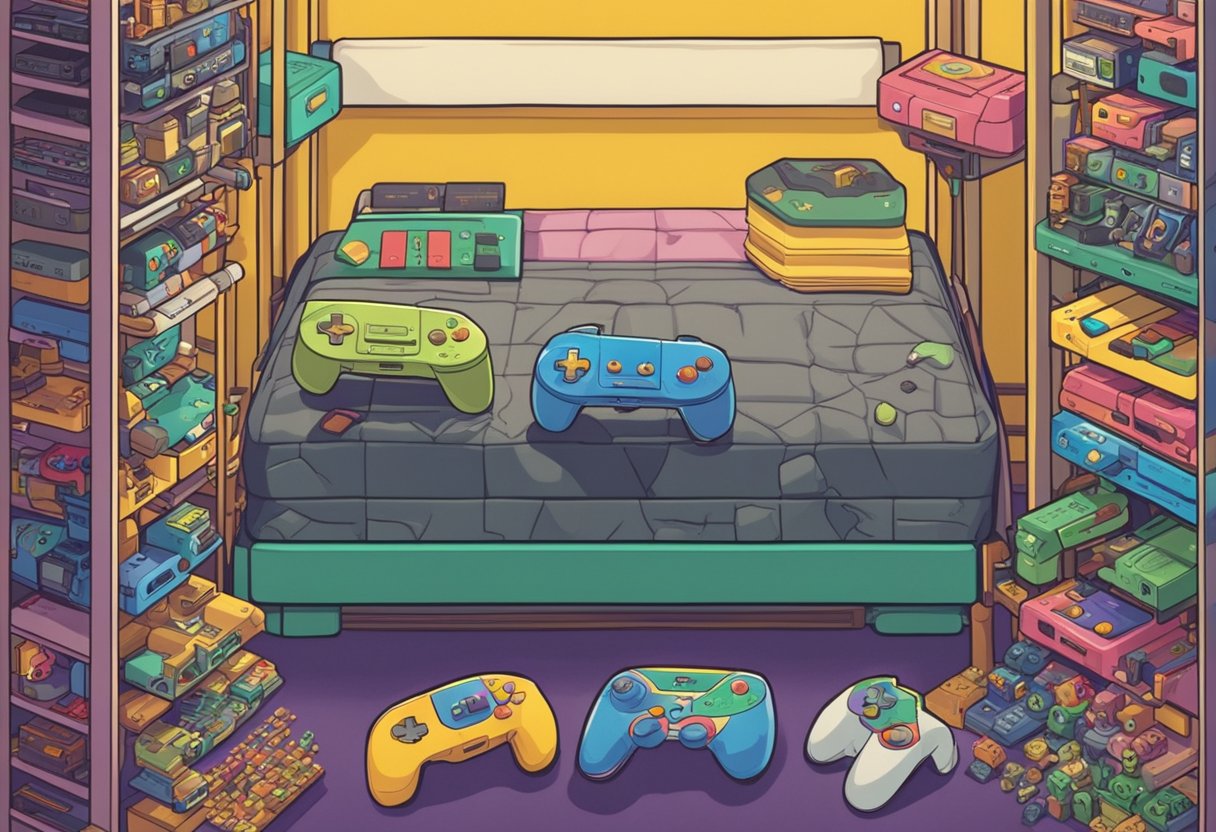 A colorful array of game controllers and game cartridges surround a crib, with names like Zelda, Mario, and Lara displayed above each one