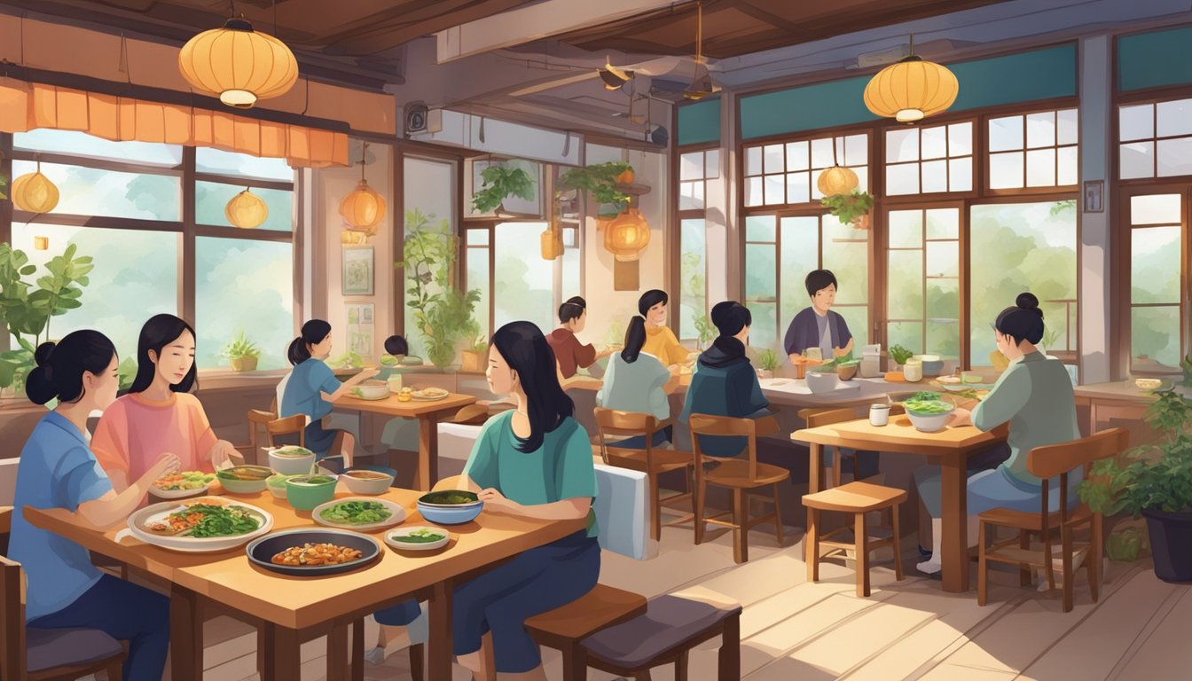 A bustling Korean vegetarian restaurant with colorful dishes and traditional decor. Customers enjoy a variety of plant-based meals while soft music plays in the background