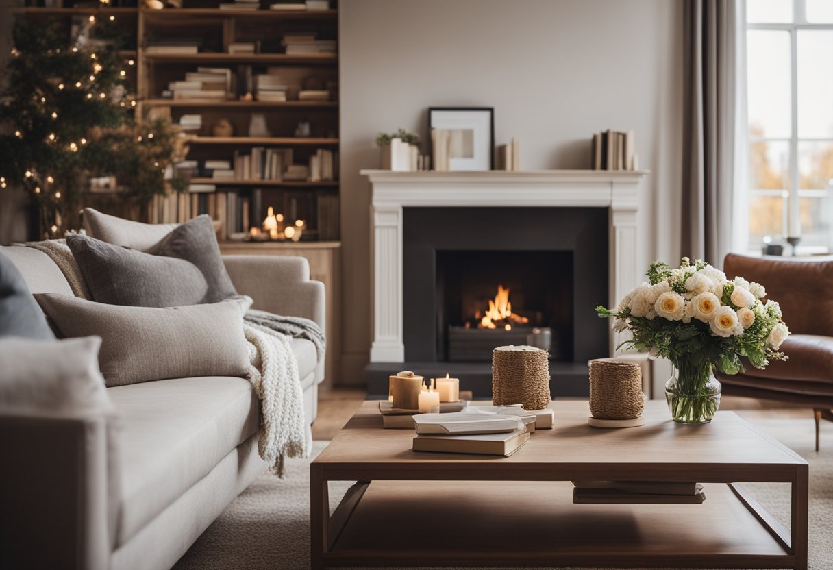 A cozy living room with a large, plush sofa, a coffee table with books and a vase of flowers, and a fireplace with a crackling fire