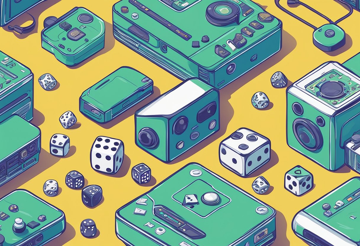 A collection of game-related items: dice, cards, consoles, and controllers, arranged in a colorful and playful manner