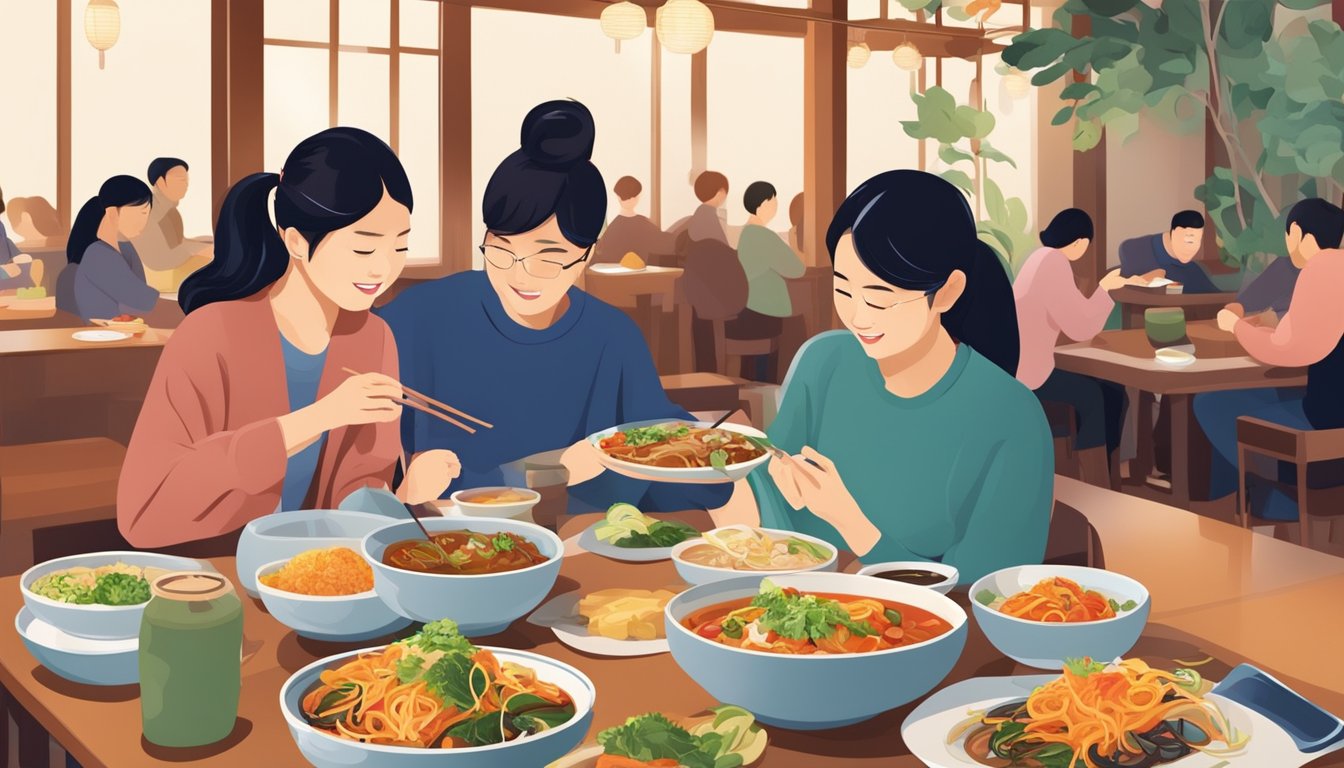 Customers enjoying a variety of colorful and flavorful Korean vegetarian dishes in a cozy restaurant setting