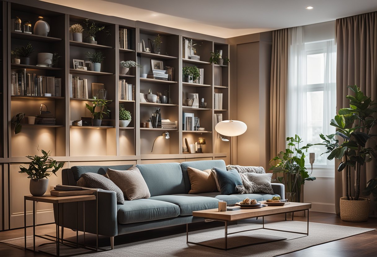 A cozy living room with a large, comfortable sofa, a coffee table, and soft, ambient lighting. A bookshelf and decorative accents add warmth and personality to the space