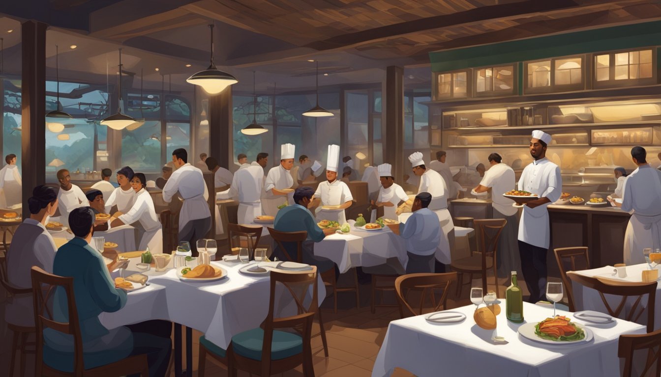A bustling restaurant with dim lighting, tables set with white cloths, and patrons enjoying their meals. A server carries a tray of food while chefs work in the open kitchen