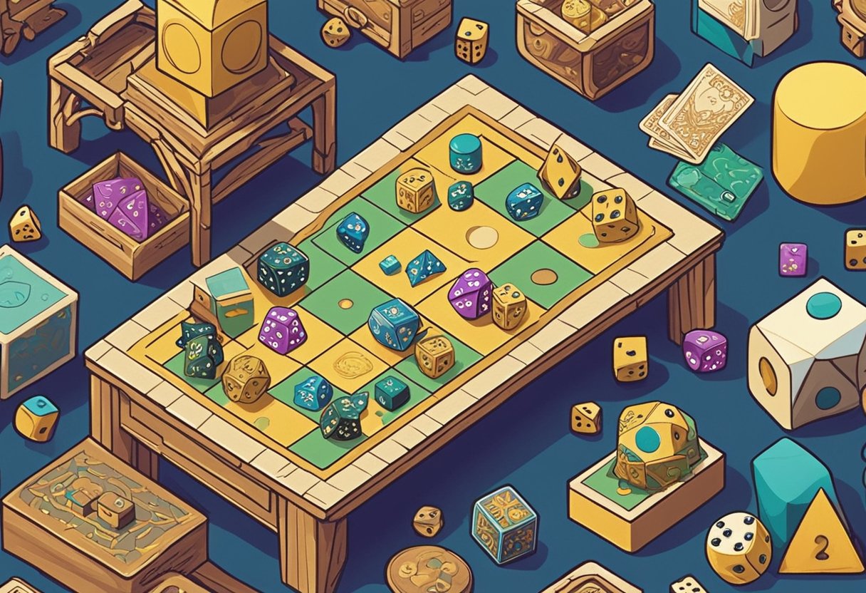 A collection of game-related items scattered on a table: dice, cards, game boards, and figurines. A playful and colorful scene for an illustrator to recreate