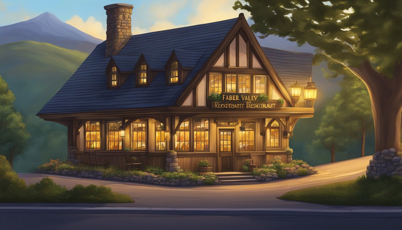 The cozy pub is nestled in a lush valley, with a warm glow emanating from its windows. A sign with the name "Faber Valley Pub & Restaurant" hangs above the entrance