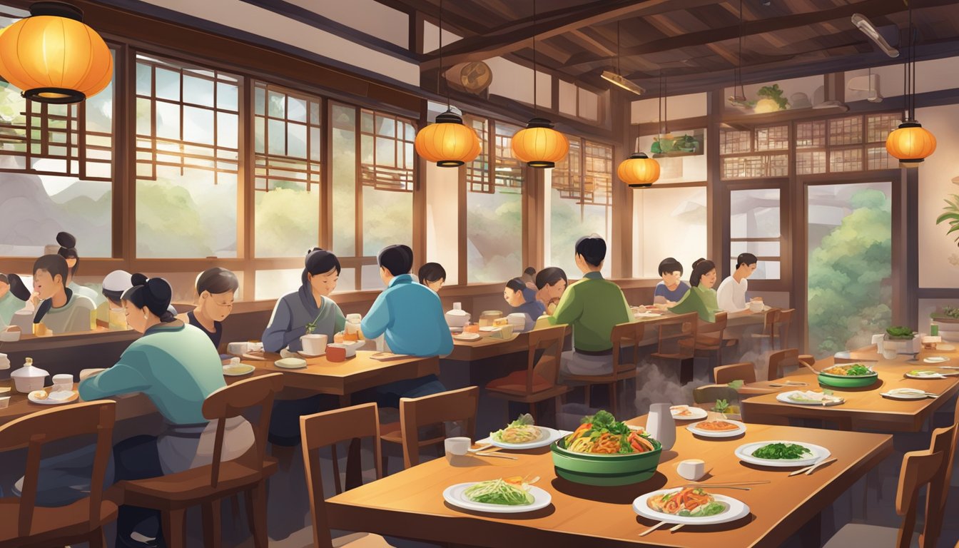 A bustling Korean vegetarian restaurant with traditional decor, steaming pots, and colorful dishes on each table