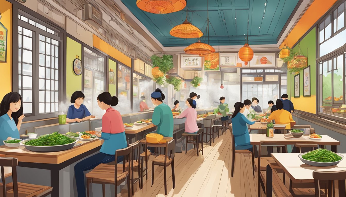 A bustling Korean vegetarian restaurant with colorful decor, steaming pots of tofu soup, and sizzling vegetable stir-fries on every table