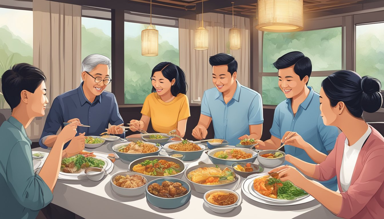 Diners sampling diverse dishes at Singaporean dinner restaurants