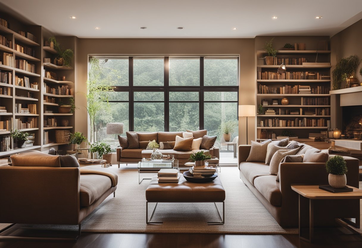A cozy living room with warm earth tones, plush sofas, and a fireplace. A large window lets in natural light, and shelves are filled with books and personal knick-knacks