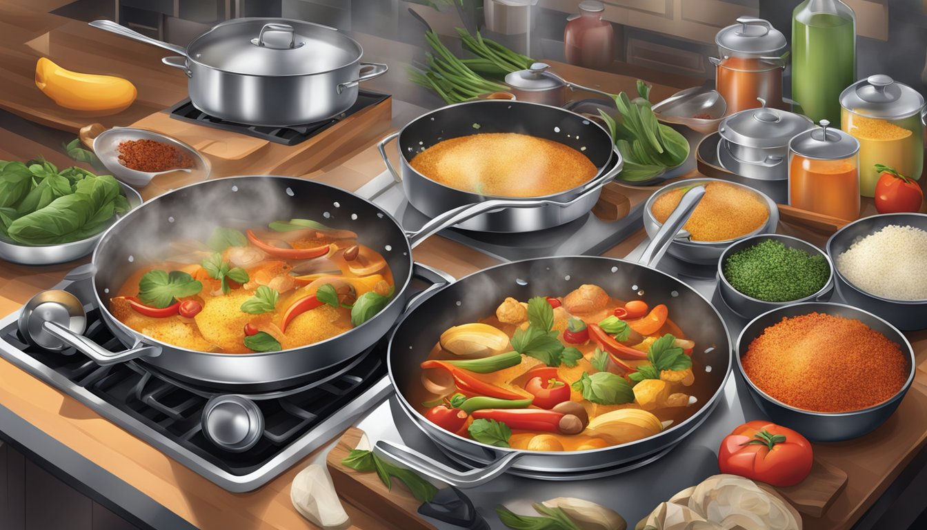 A bustling kitchen with sizzling pans, colorful ingredients, and aromatic spices. The air is filled with the sound of chopping, the clinking of pots, and the sizzle of food cooking