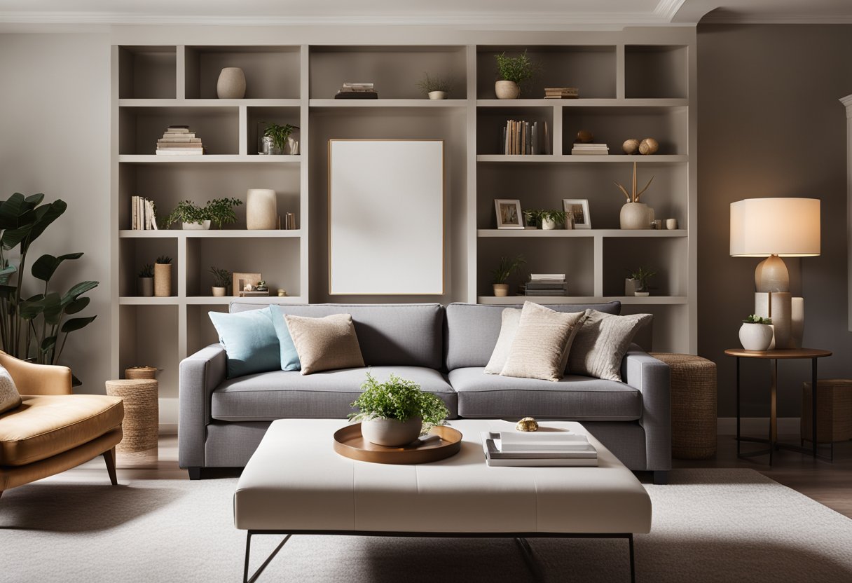A cozy living room with modern furniture, warm lighting, and a built-in bookshelf. A large, comfortable sofa sits in the center, surrounded by decorative pillows. The room is bright and inviting, with a neutral color scheme and pops of color in