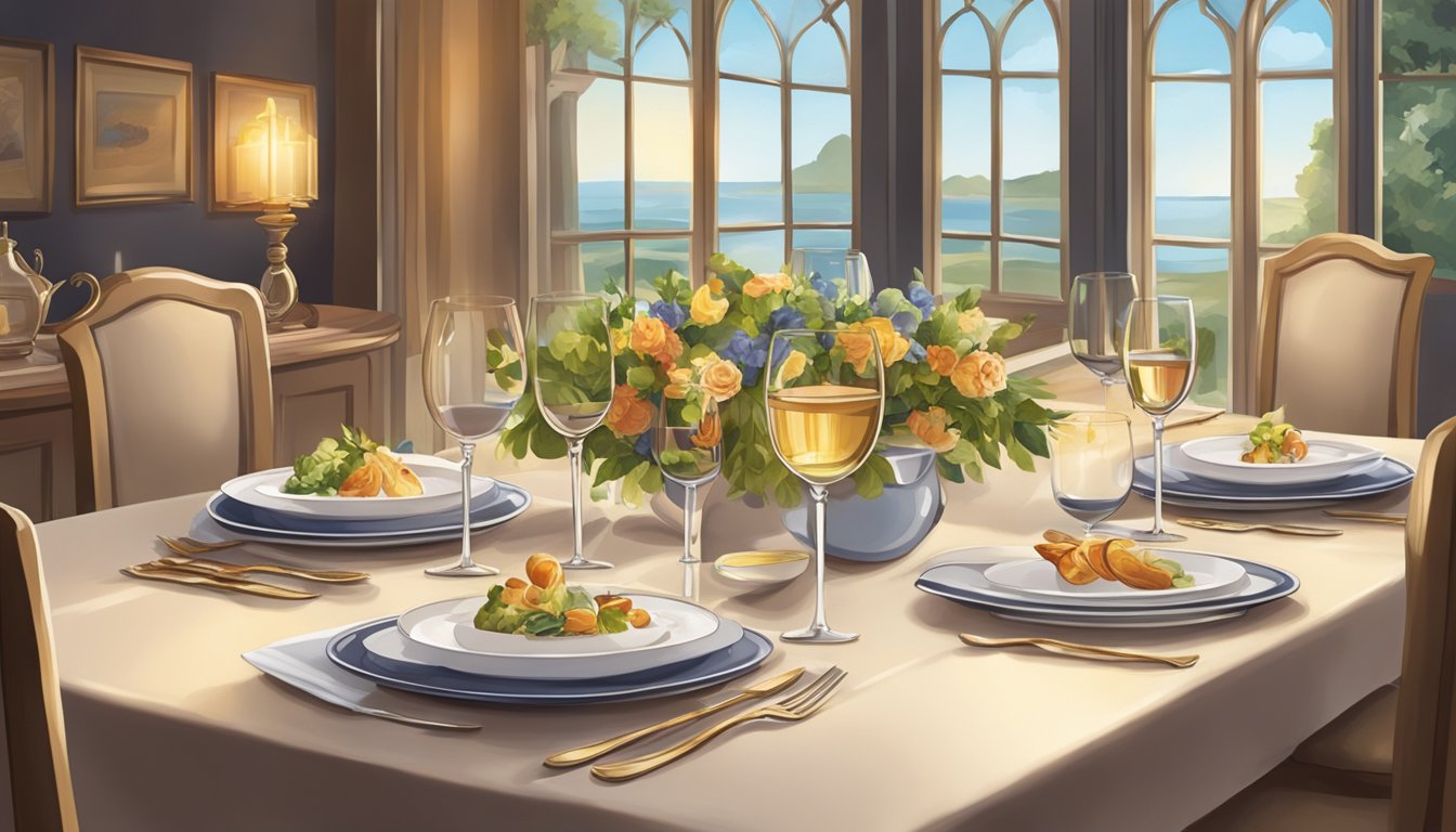 Dining tables set with elegant place settings, soft lighting, and a variety of delectable dishes arranged on the table. A warm and inviting atmosphere with a hint of sophistication