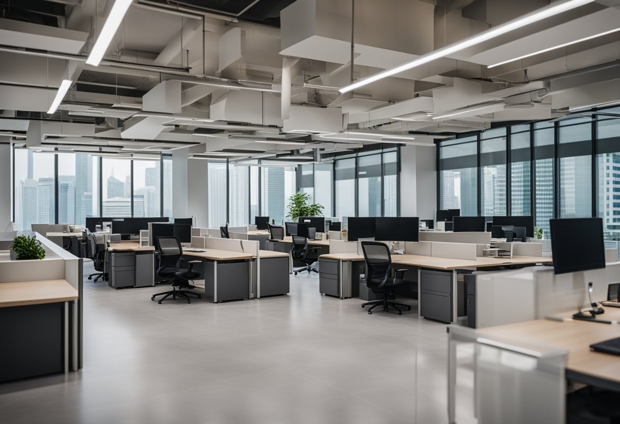 The open concept office in Singapore features modern furniture and spacious layout
