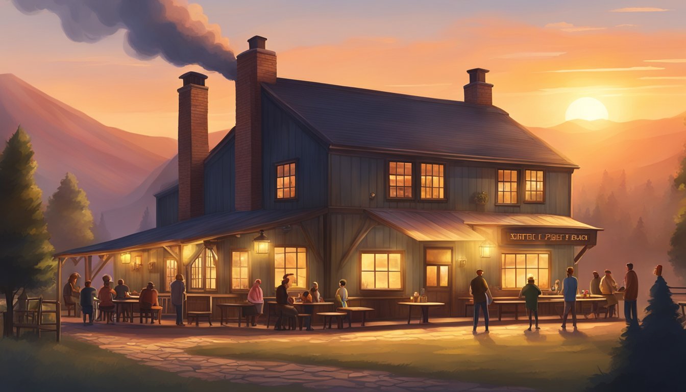 The sun sets behind the rustic pub, casting a warm glow on the valley. Smoke rises from the chimney as patrons gather outside, enjoying the picturesque view