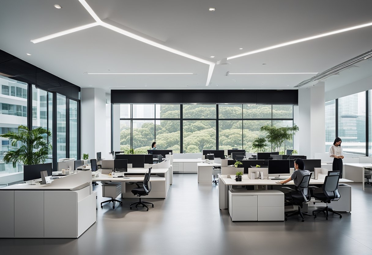 Employees interact with modern, sleek open concept office furniture in a bright, airy space in Singapore. The furniture is minimalist and functional, with clean lines and a contemporary aesthetic