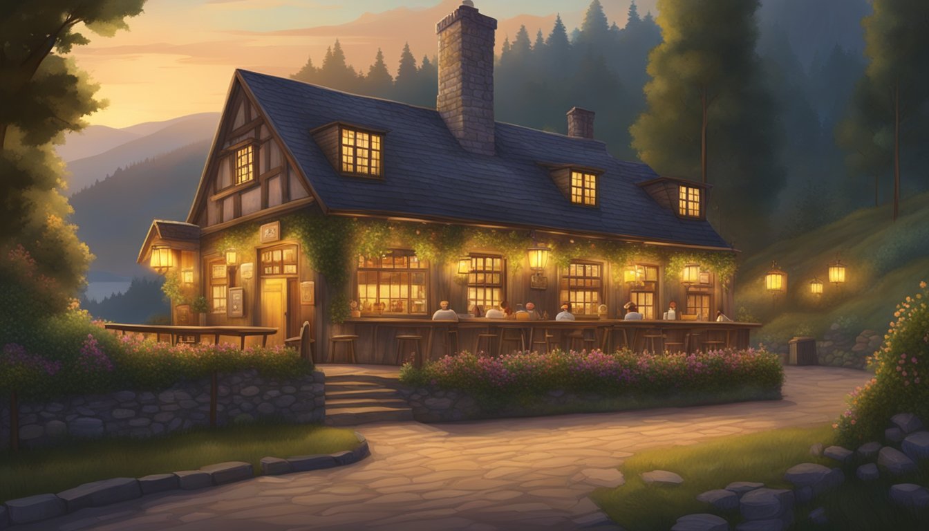 A rustic pub nestled in a lush valley, with a warm glow emanating from the windows. The sign "Savour the Flavours" hangs above the entrance, inviting passersby to indulge in a delightful culinary experience
