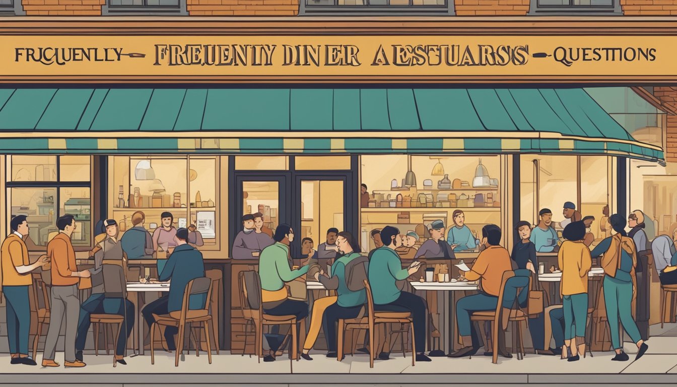 A bustling restaurant with a sign reading "Frequently Asked Questions Dinner Restaurants" and a line of hungry customers waiting outside