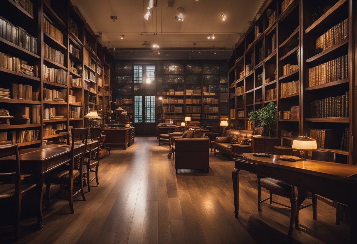 Vintage wooden desks, chairs, and bookshelves fill a dimly lit room in Singapore. The furniture shows signs of wear and tear, hinting at its long history