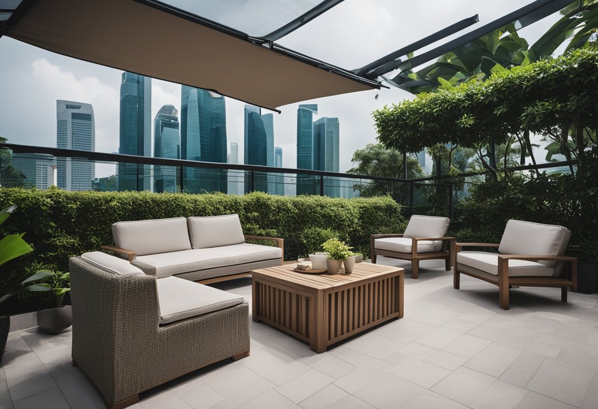 A patio with a set of outdoor furniture covered with a weatherproof cover in Singapore
