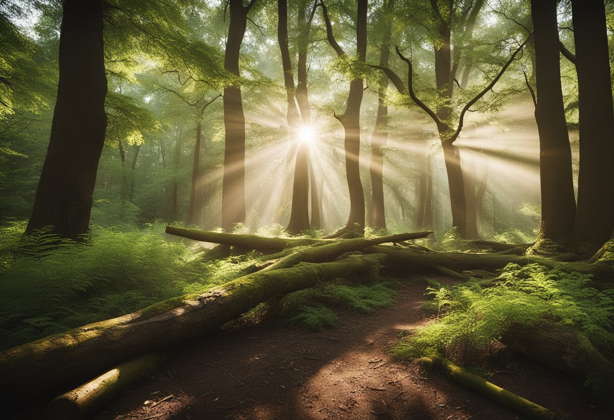 A lush forest with towering oak trees, sunlight filtering through the dense foliage. Fallen branches and logs lay scattered on the forest floor, displaying the rich, natural beauty of oak wood
