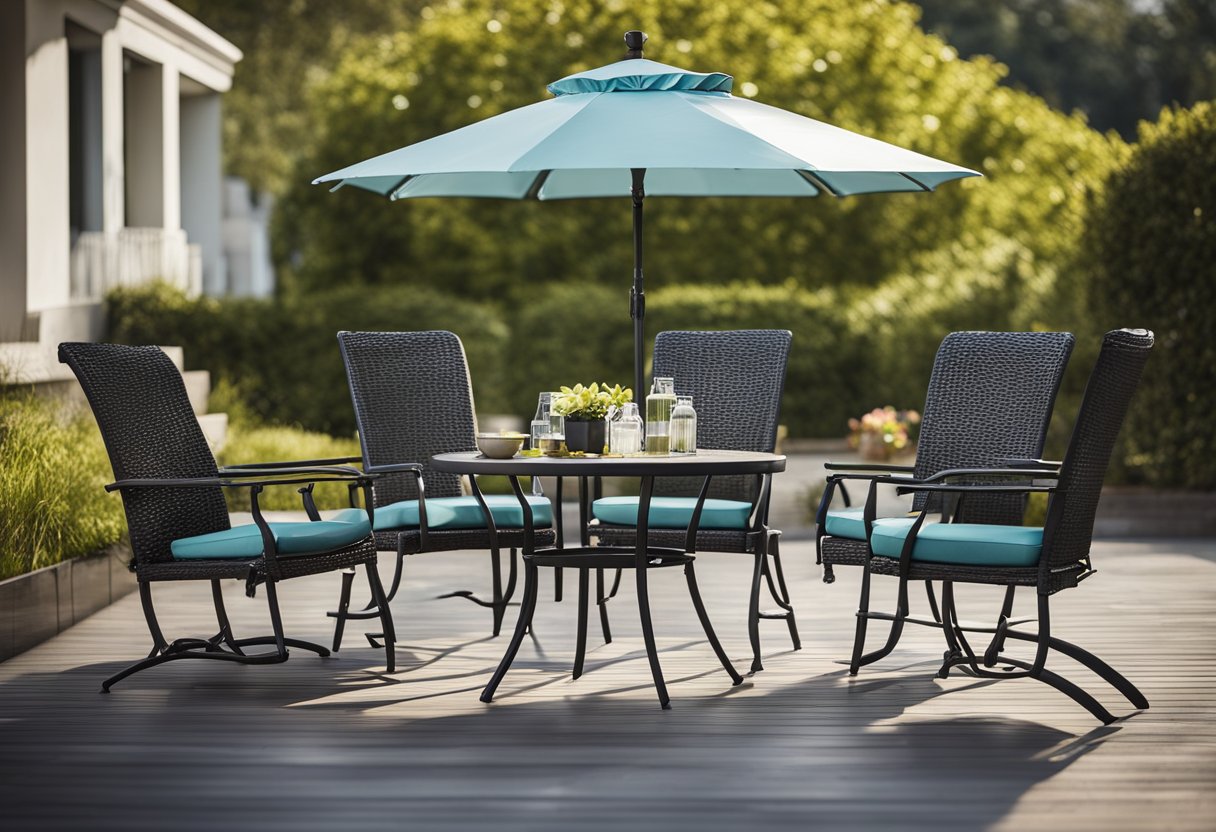 A patio set with a table, chairs, and umbrella covered by a waterproof, UV-resistant cover
