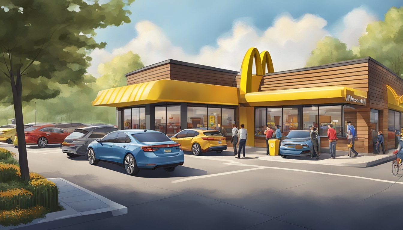 A McDonald's restaurant with golden arches, drive-thru lanes, outdoor seating, and a busy interior with customers and employees