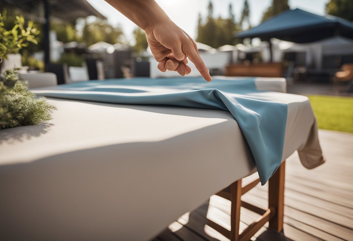 A hand reaches for a weather-resistant outdoor furniture cover, surrounded by various styles and sizes on display. Outdoor setting in the background