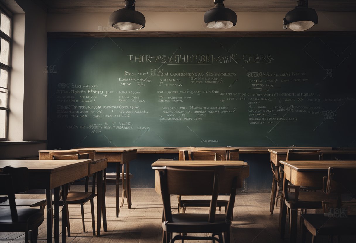 An old wooden desk sits in a dimly lit classroom, surrounded by vintage chairs and dusty blackboards