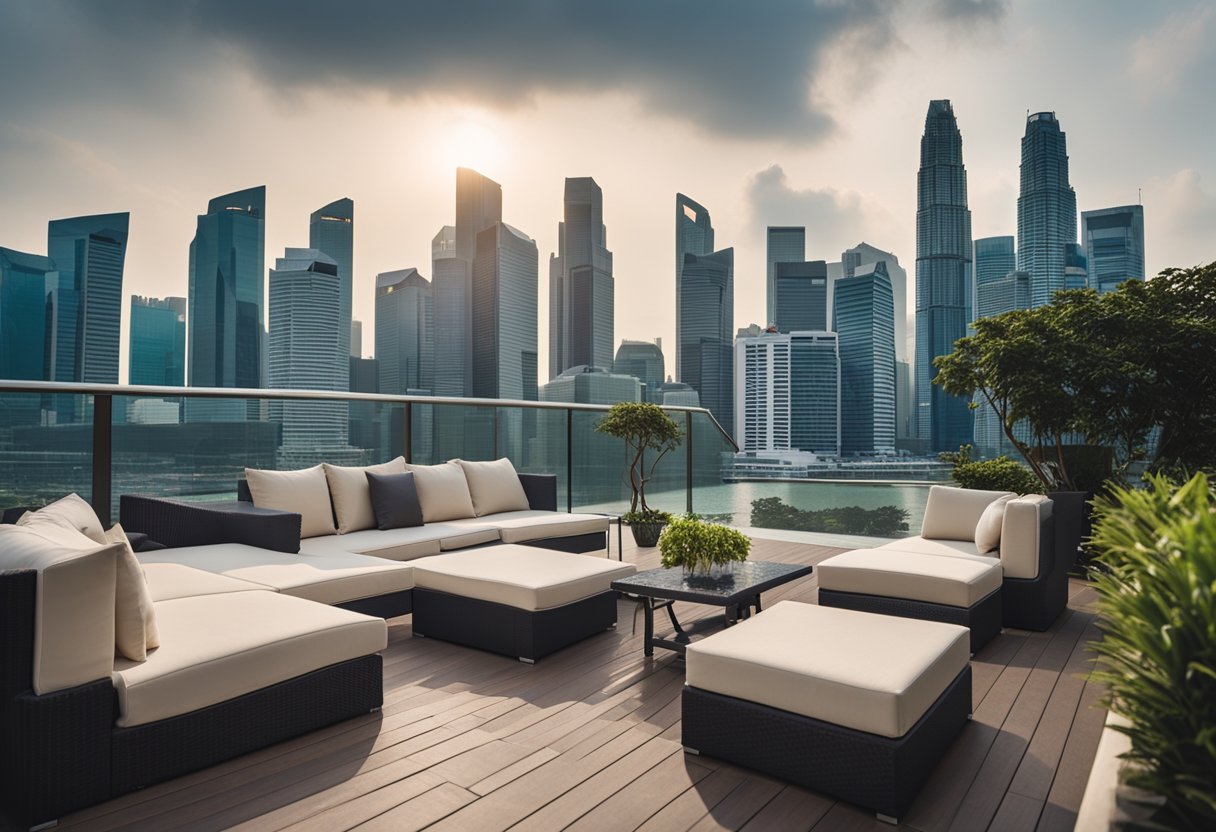 A patio with a set of outdoor furniture covered in a durable and weather-resistant cover, with the skyline of Singapore in the background