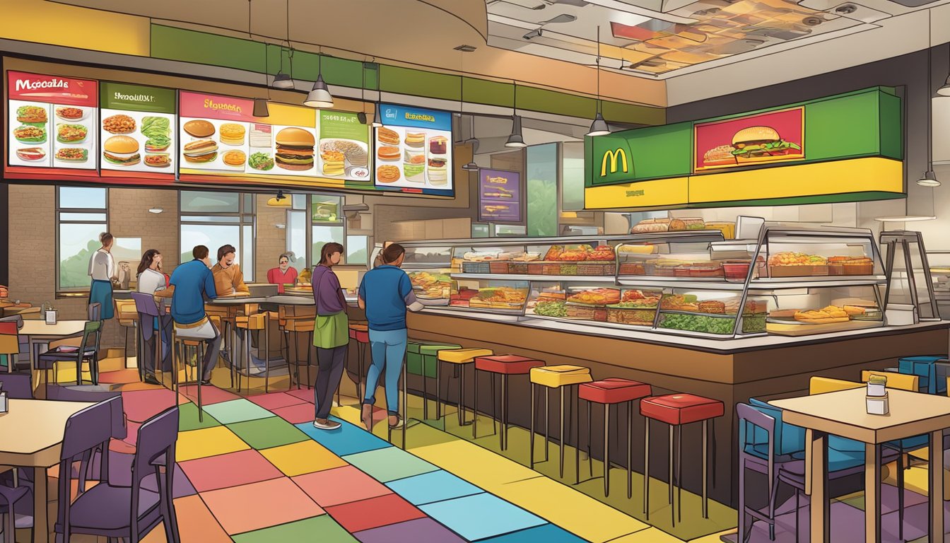 A colorful menu board with McDonald's logo and various food items displayed in a busy restaurant setting