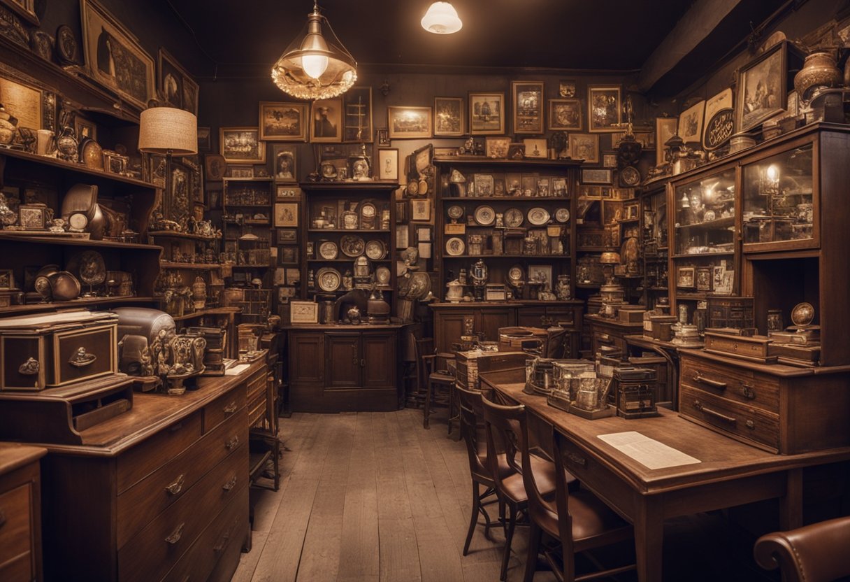 A cluttered vintage furniture shop with weathered wooden tables, retro chairs, and antique cabinets. The walls are adorned with old-fashioned posters and shelves are filled with unique knick-knacks
