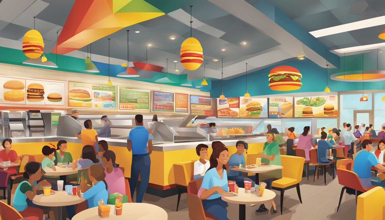 The bustling interior of a McDonald's restaurant, with colorful decor, busy staff, and customers enjoying their meals