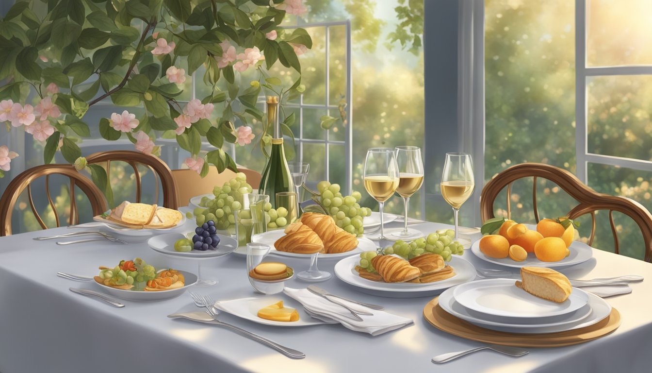 A table set with fine French cuisine, surrounded by elegant decor and soft lighting in a charming Orchard restaurant
