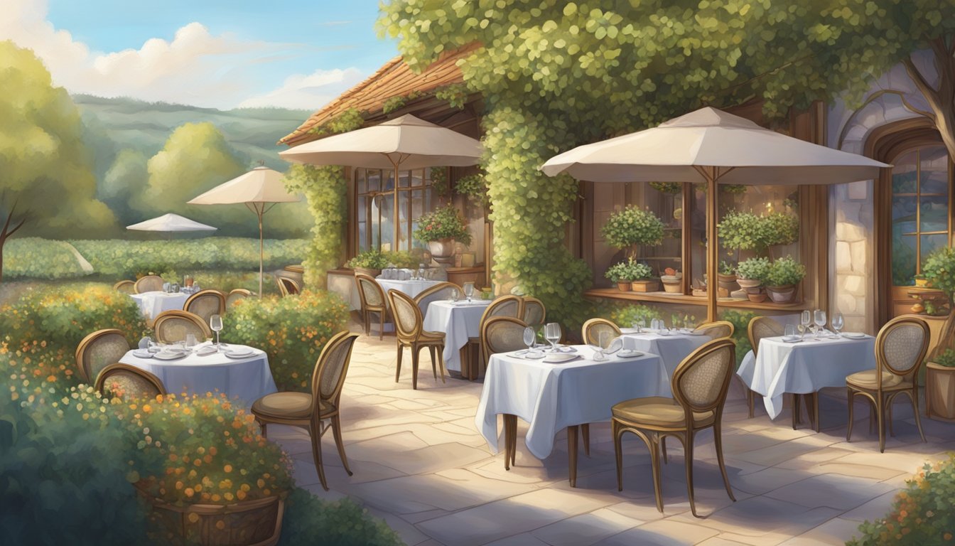 A cozy French restaurant nestled in an orchard, serving up indulgent and intricate dishes of French gastronomy