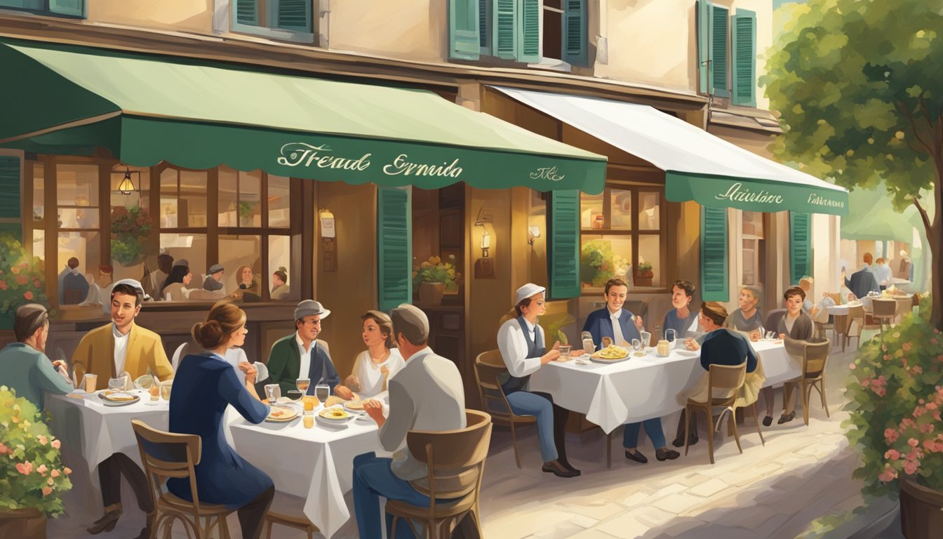 A bustling French restaurant with a charming orchard, filled with customers enjoying their meals and the ambiance
